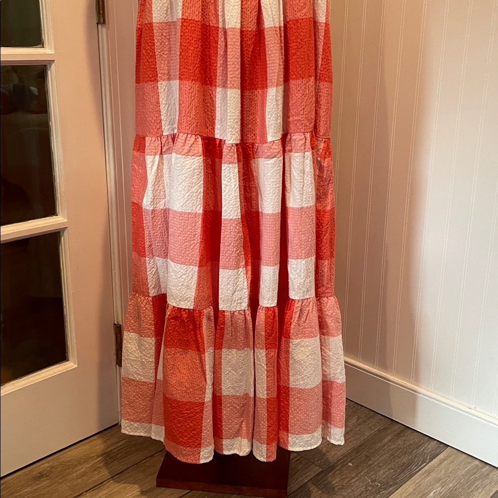 LOU & GREY Gingham Check Tiered Tank Midi Smocked Dress in Coral/White Size L - Picture 6 of 11
